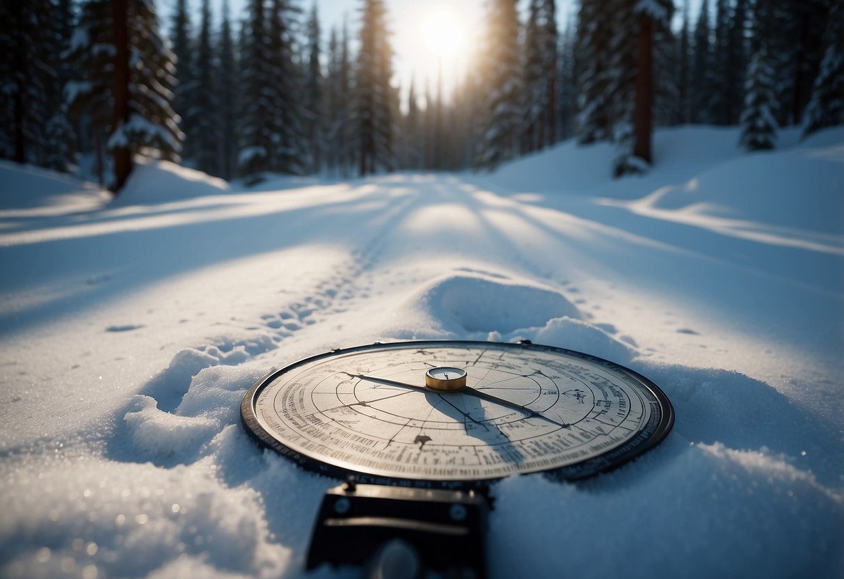 A snowy cross country skiing trail winds through a forest, with a map and compass in hand, the skier uses landmarks to navigate the route