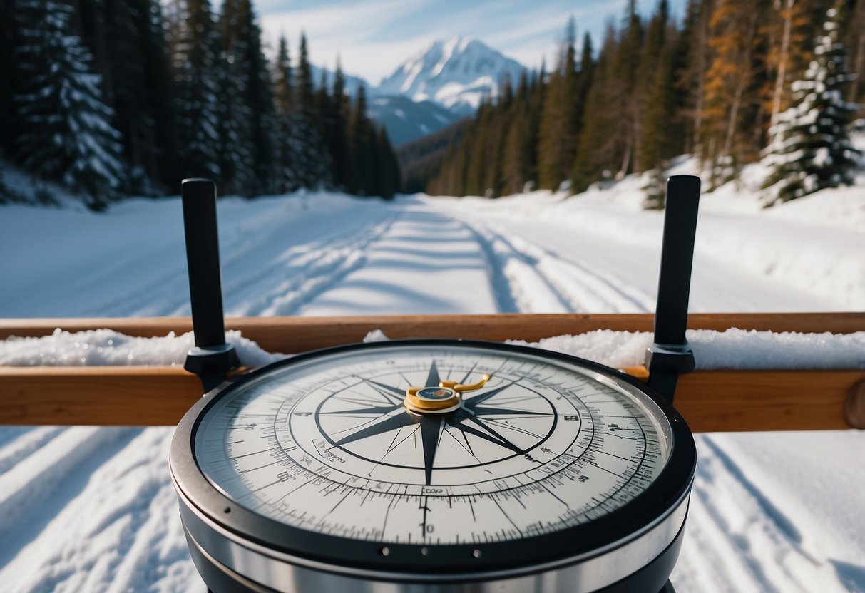 A map and compass laid out on snowy cross country ski trail, with trees and mountains in the background. Snow-covered tracks visible