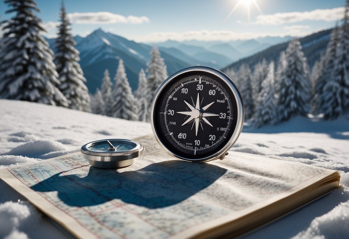 A snowy landscape with a skier using a map and compass, navigating through the terrain. Trees, hills, and a clear sky in the background