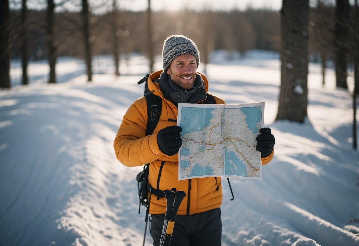 A cross country skier holds a map and compass, scanning the landscape for landmarks. Snow-covered trees and rolling hills surround the skier, creating a serene winter scene