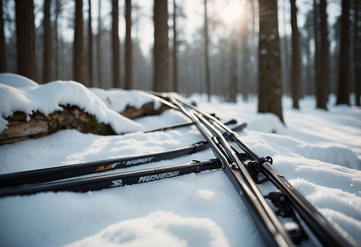 A snowy forest with 5 sleek, lightweight cross country skiing rods leaning against a tree, ready for adventure