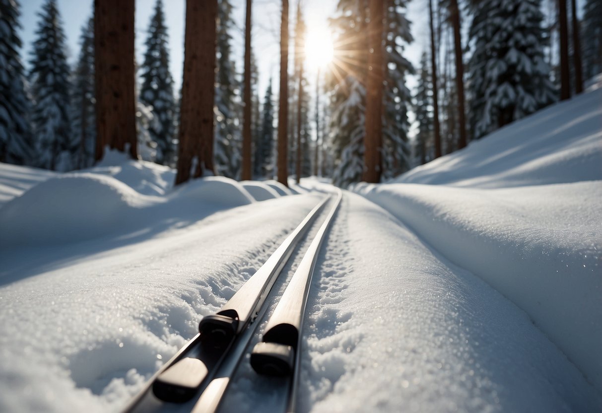 A snowy forest trail with Rossignol Force 3 5 cross country ski rods gliding effortlessly through the fresh powder. The sun glistens on the sleek, lightweight design as the skier moves gracefully through the tranquil winter landscape