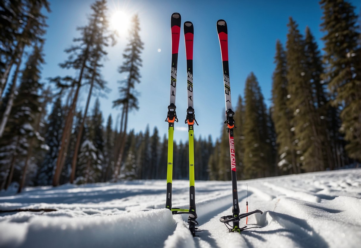 A pair of Swix Quantum 2 5 lightweight cross country skiing rods standing upright in the snow, with a backdrop of snow-covered trees and a clear blue sky