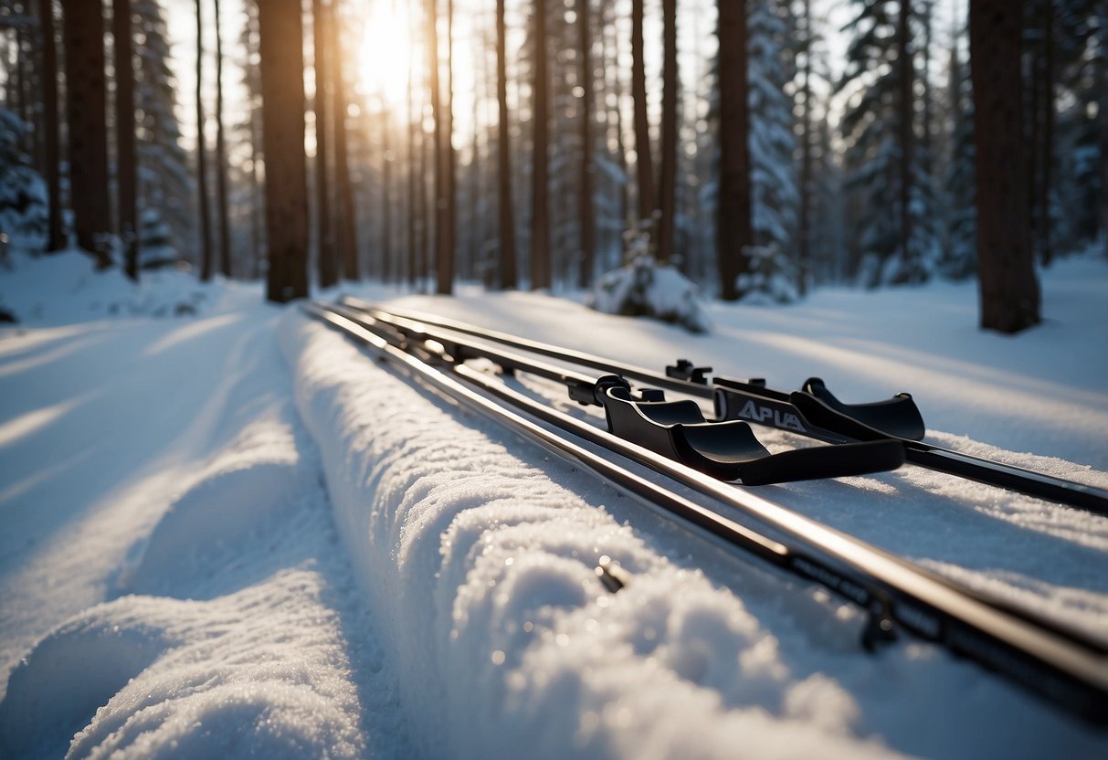 A snowy forest trail, with Fischer RCS Classic Plus 5 lightweight cross country ski rods leaning against a tree