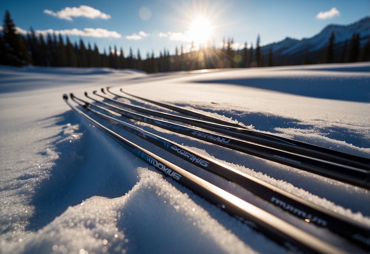 The Madshus Redline 3.0 cross country ski rods stand upright in the snow, their lightweight design evident in their sleek, aerodynamic shape. The sun glistens off the smooth surface, highlighting their high-performance capabilities