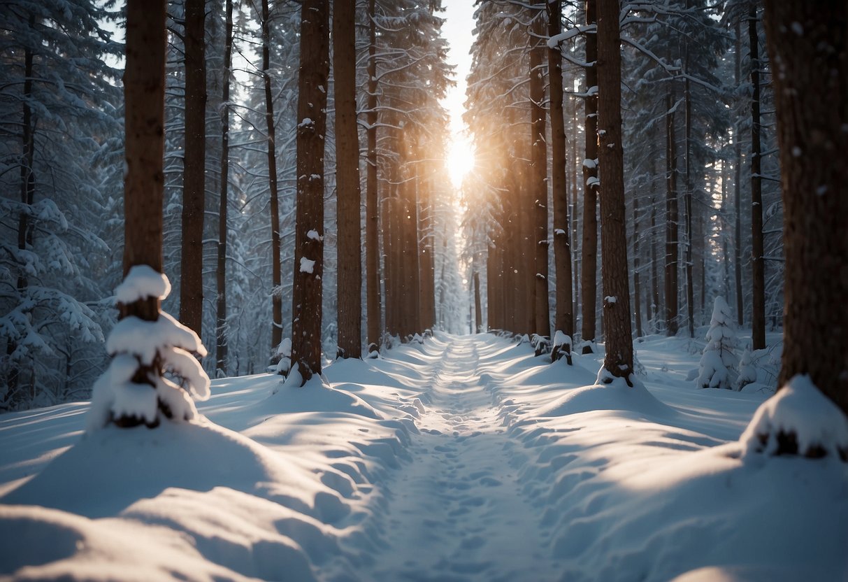 A snowy forest path with 10 sleek cross country ski rods in a diamond formation, with the number 5 highlighted as the best lightweight option