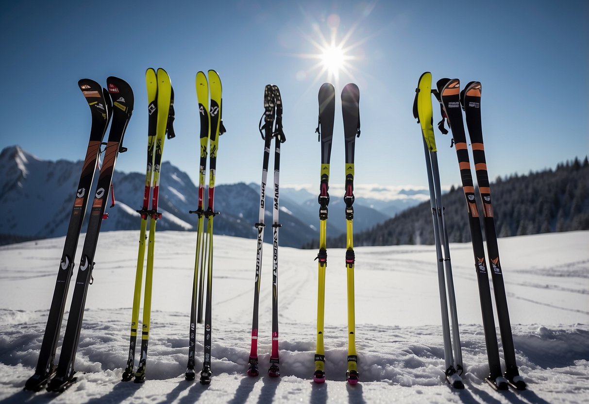 Five lightweight cross country ski rods arranged in a lineup, each showcasing unique features and benefits. Snow-covered landscape in the background