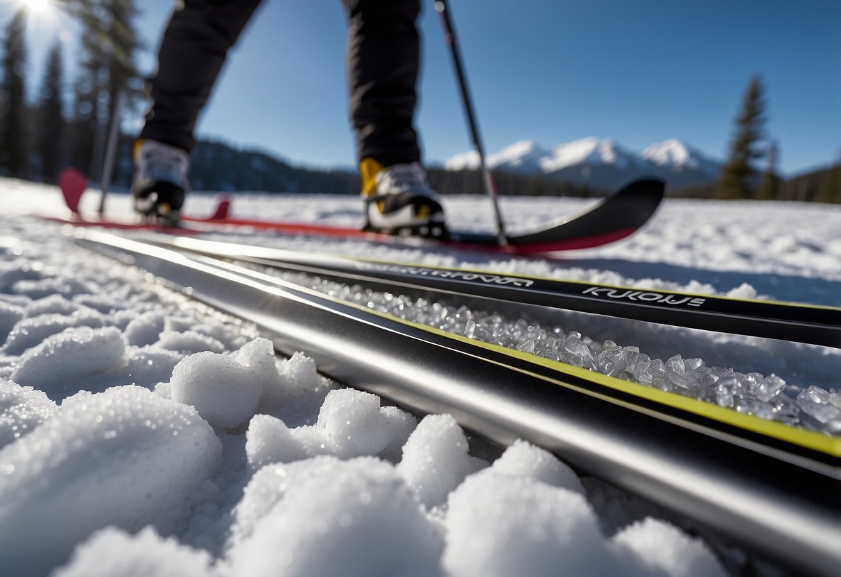 The scene depicts various lightweight materials such as carbon fiber, aluminum, and titanium being used in the construction of cross country skiing rods