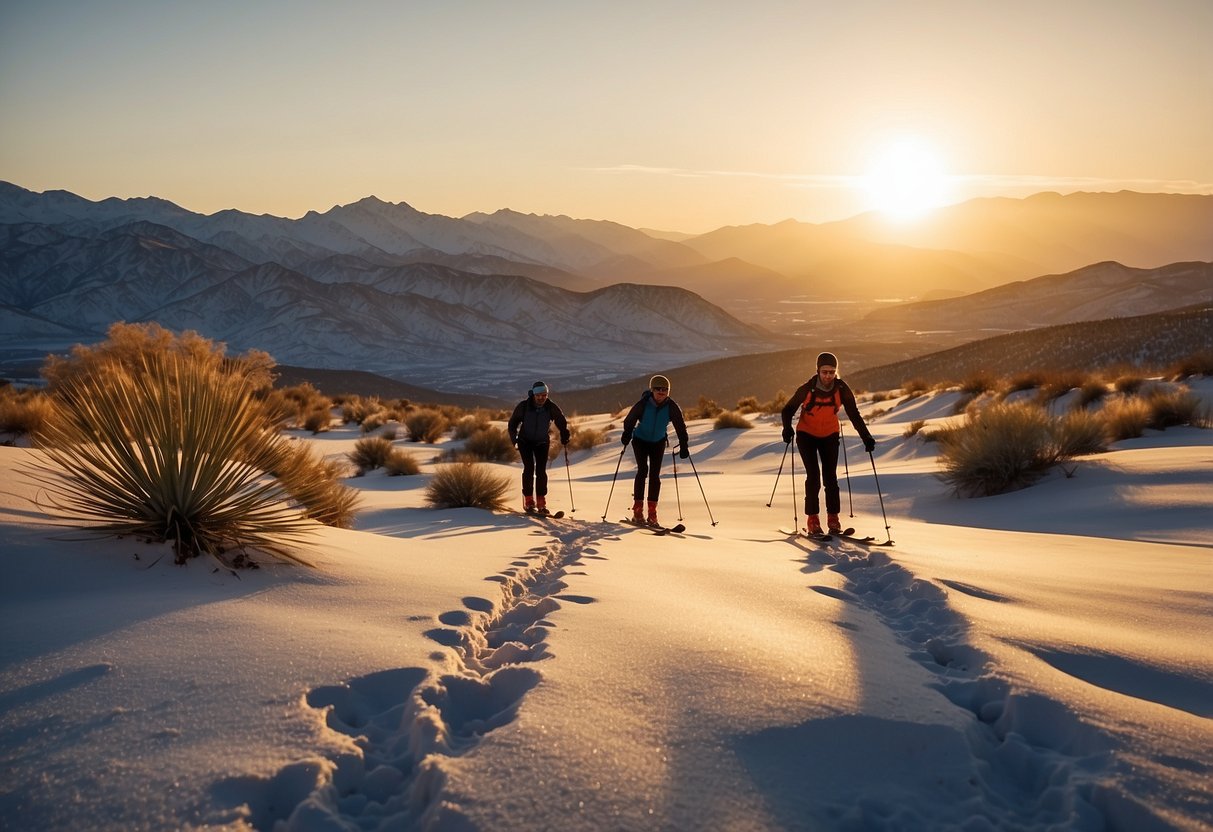 Skiers glide through vast desert landscapes, with snow-covered dunes and cacti. The sun sets behind distant mountains, casting a warm orange glow over the serene winter scene