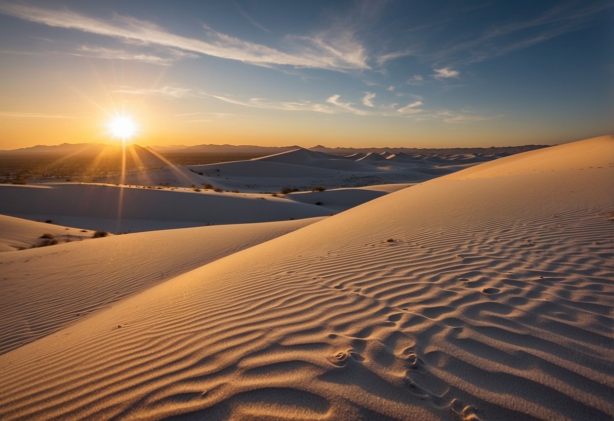 The sun sets over the vast expanse of White Sands National Park, casting a golden glow on the pristine dunes, creating a serene and otherworldly landscape