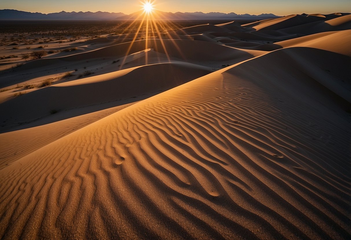 The sun sets over the vast expanse of Kelso Dunes, casting long shadows on the rippled sand. The dunes stretch endlessly, creating a mesmerizing and serene desert landscape