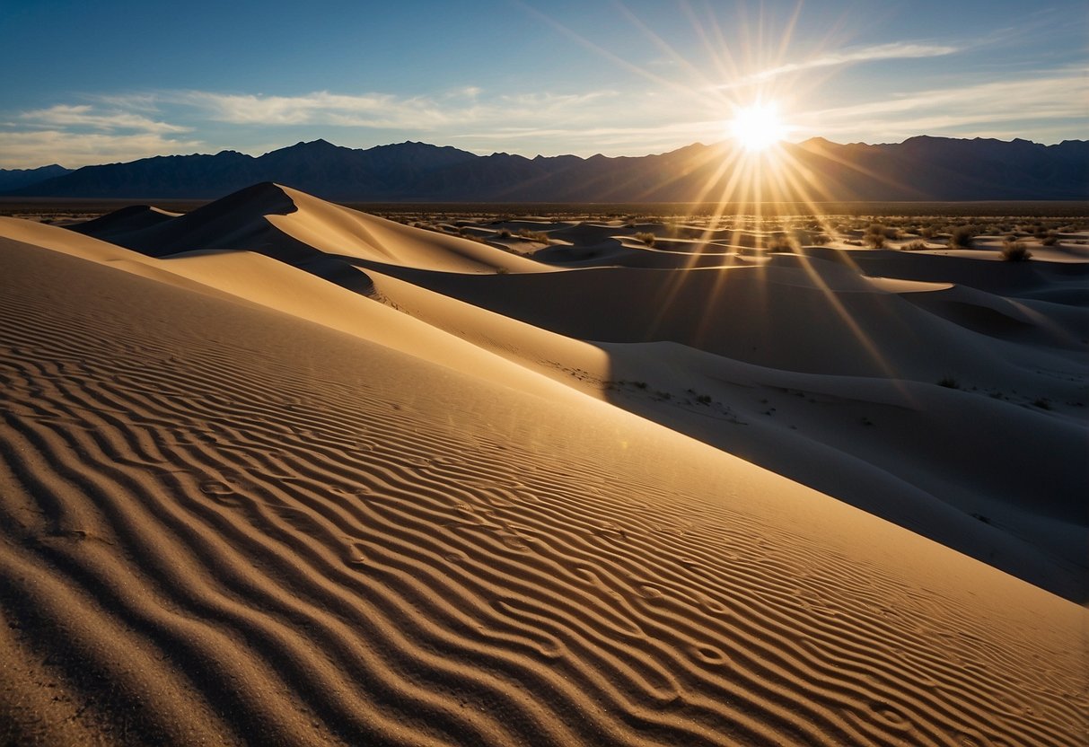 The sun sets over the vast expanse of Eureka Dunes, casting long shadows on the rippled sand. The dunes stretch out in all directions, creating a stunning and serene desert landscape