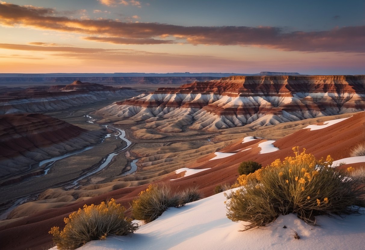 The sun sets over the vast, colorful expanse of the Painted Desert, casting long shadows on the snow-covered dunes and mesas