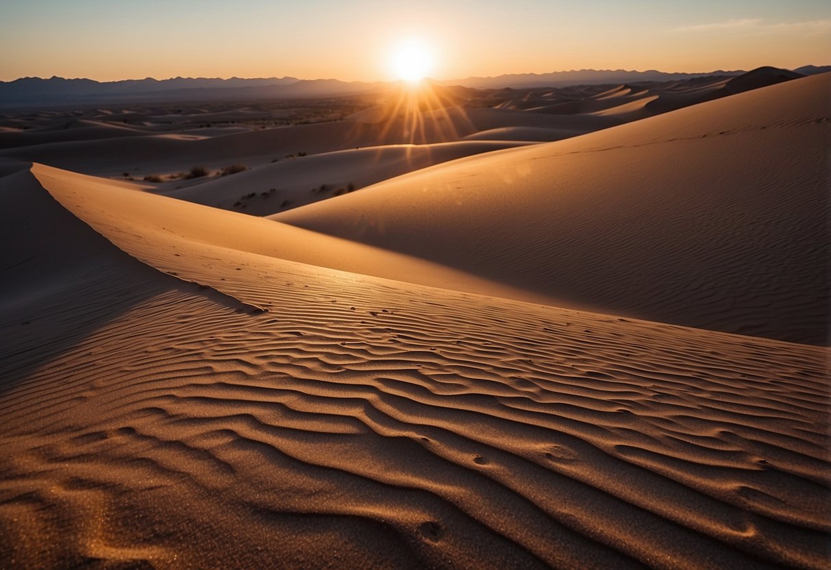 The sun sets over the vast sand dunes of Little Sahara, Utah. Ski tracks crisscross the desert, creating a unique and surreal cross country skiing experience