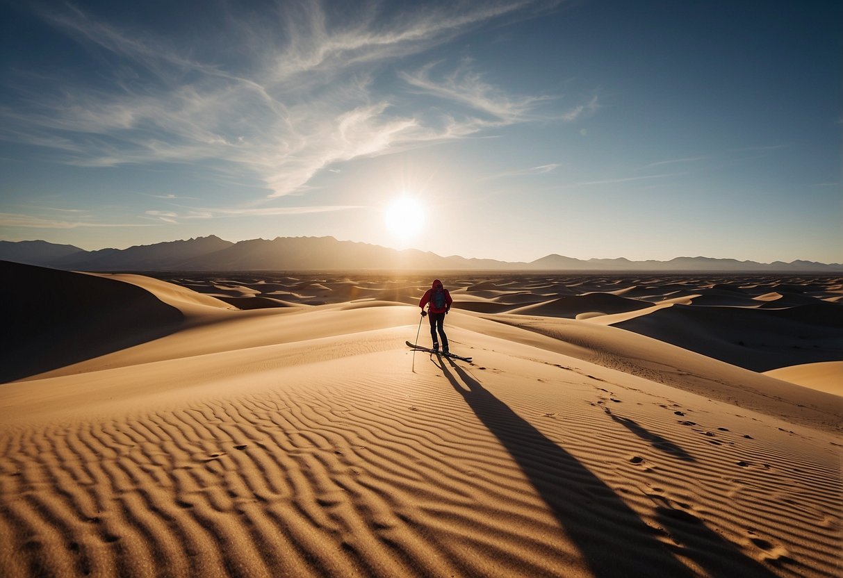 A lone skier glides across the vast desert landscape, the sun casting long shadows on the undisturbed sand dunes. The distant mountains provide a stunning backdrop to the serene and surreal scene