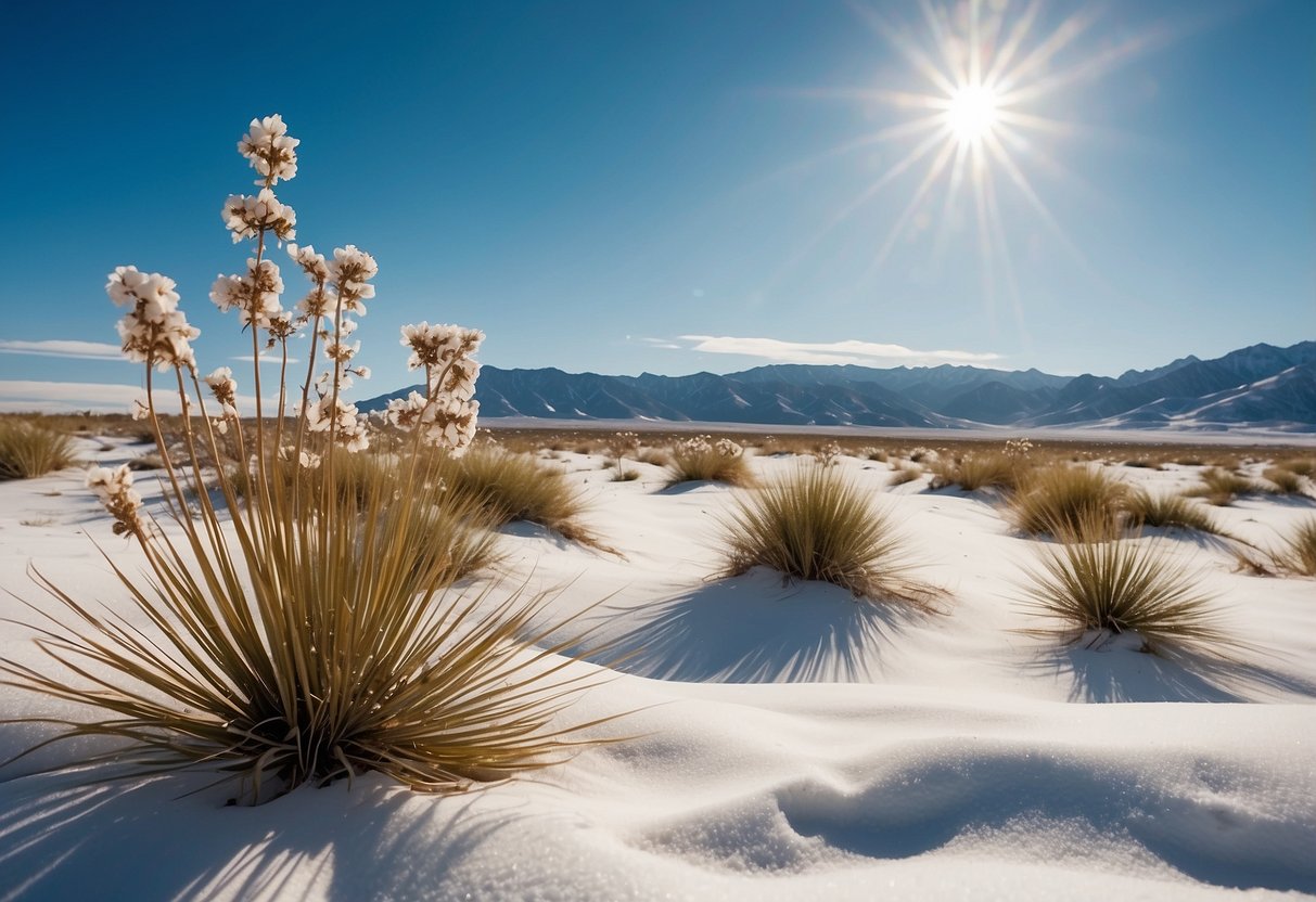 Snow-covered desert landscape with rolling sand dunes and sparse vegetation. Clear blue sky and sun shining down on the pristine white snow