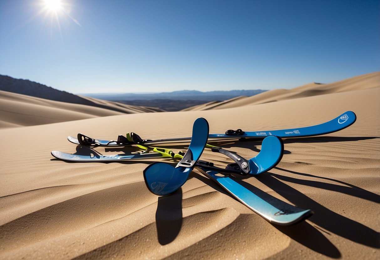 Skis laid out on sandy dunes, with a clear blue sky and distant mountains in the background. Sand blowing gently in the wind, creating a serene and peaceful atmosphere