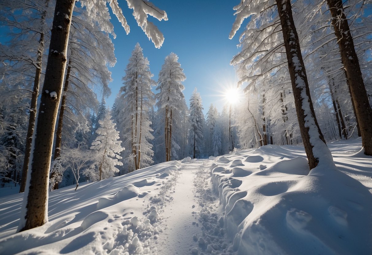 A snowy forest trail with a clear blue sky, skiers gliding smoothly over the fresh powder. The sun glistens off the snow, creating a peaceful and serene atmosphere