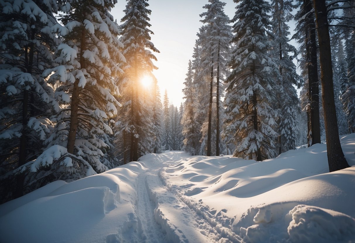 A snowy landscape with a trail winding through the trees, showcasing high-quality ski gear and a serene atmosphere for cross country skiing