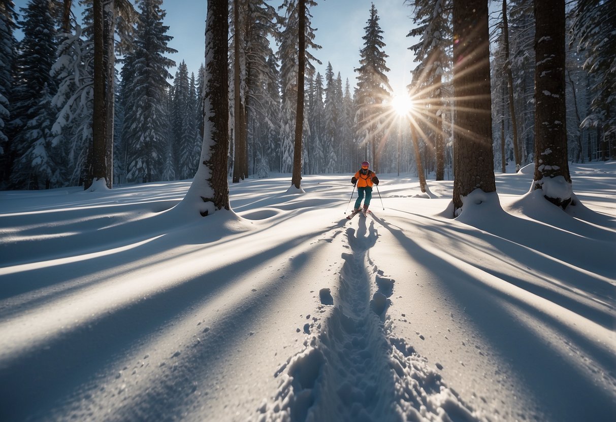 Skier glides through snowy forest, using proper technique. Sunlight filters through trees, casting long shadows on the pristine white snow