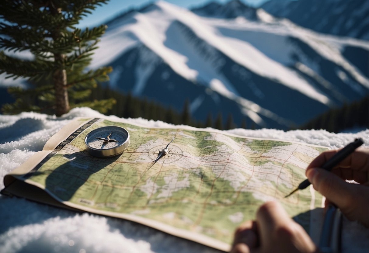 Skiers mapping out their cross country route with a map and compass, surrounded by snowy mountains and pine trees