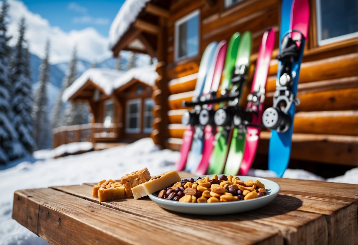 Skis propped against a snow-covered cabin. Brightly colored energy bars and trail mix spread on a wooden table. Snowflakes falling gently in the background