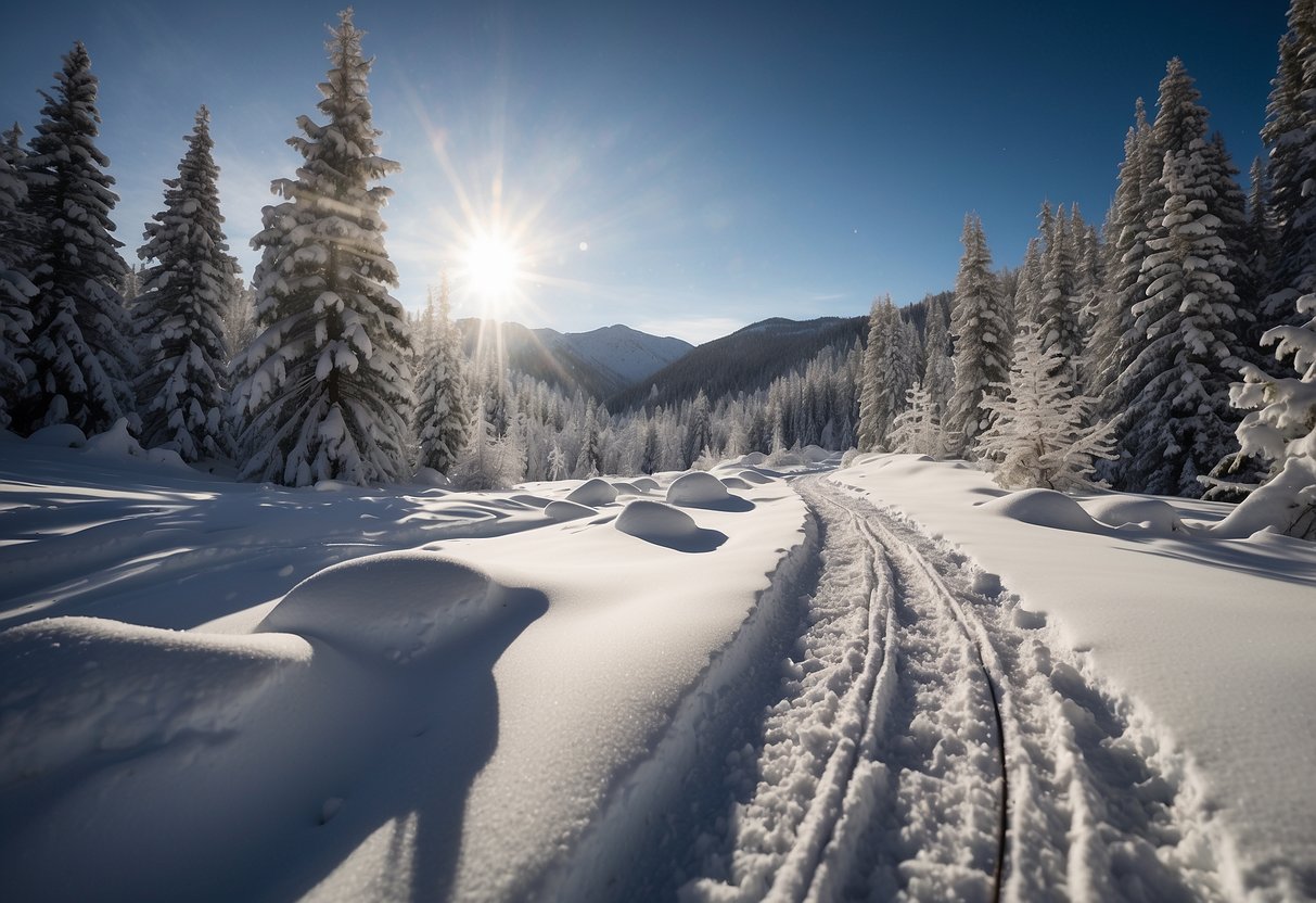 A snowy forest trail winds through the mountains, with tracks from cross country skis cutting through the fresh powder. The sun glistens off the snow, creating a serene and peaceful atmosphere