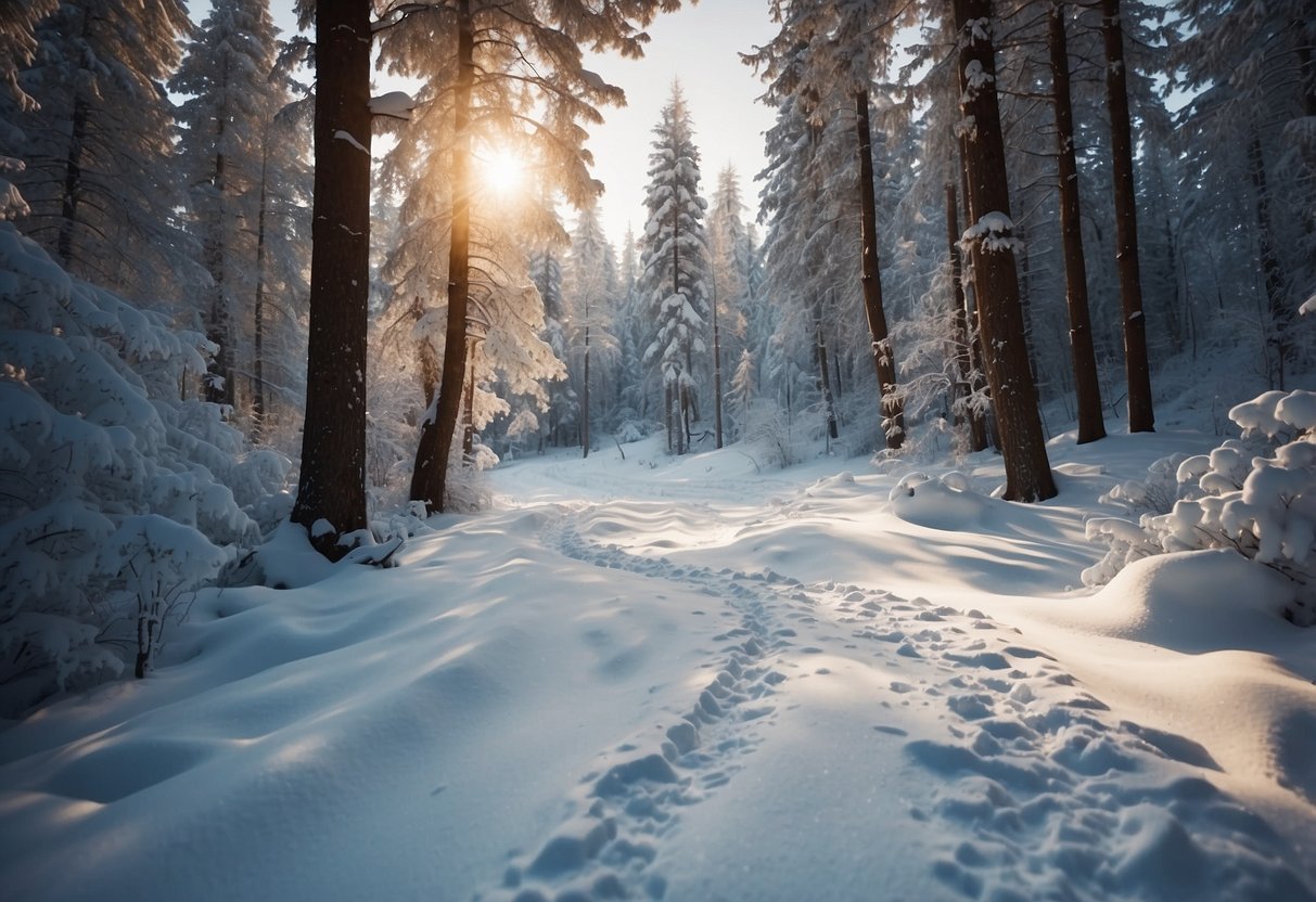 A snowy landscape with a winding trail through a forest, marked with ski tracks. A map and compass lay on the ground, surrounded by snow-covered trees