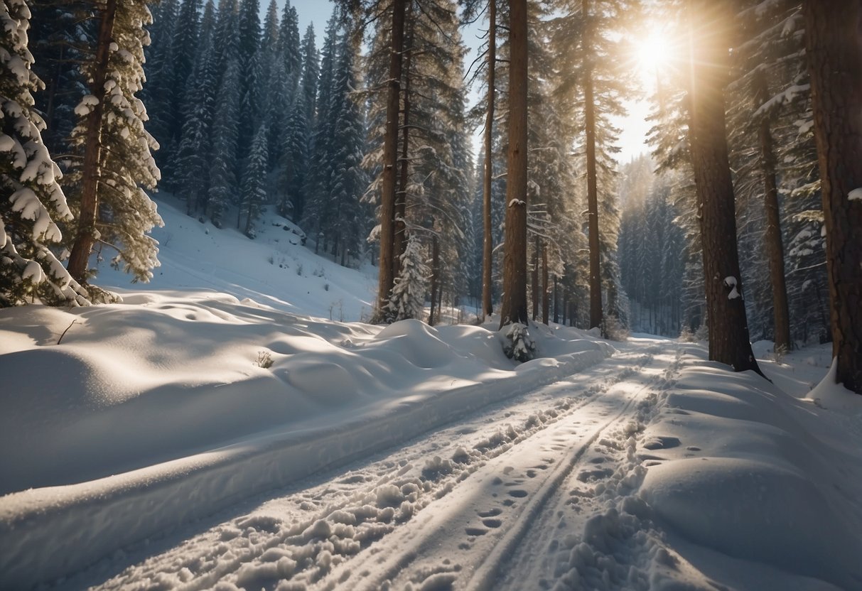 A snowy forest trail winds through the mountains, with sunlight filtering through the trees. Skiers glide effortlessly, following the tracks of those who came before them. Snowflakes gently fall, creating a peaceful and serene atmosphere