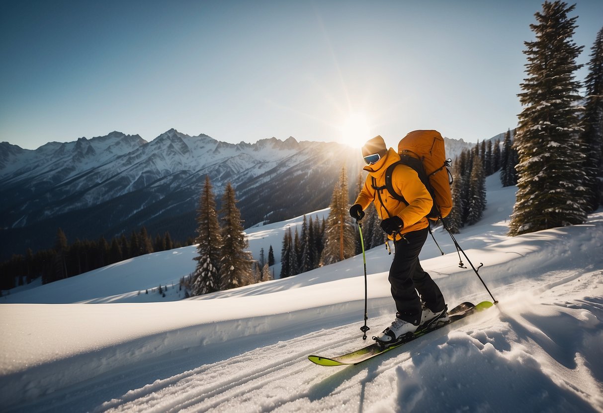 A skier glides through snowy terrain with a hydration pack on their back. Trees and mountains loom in the background, while the sun casts a warm glow over the landscape