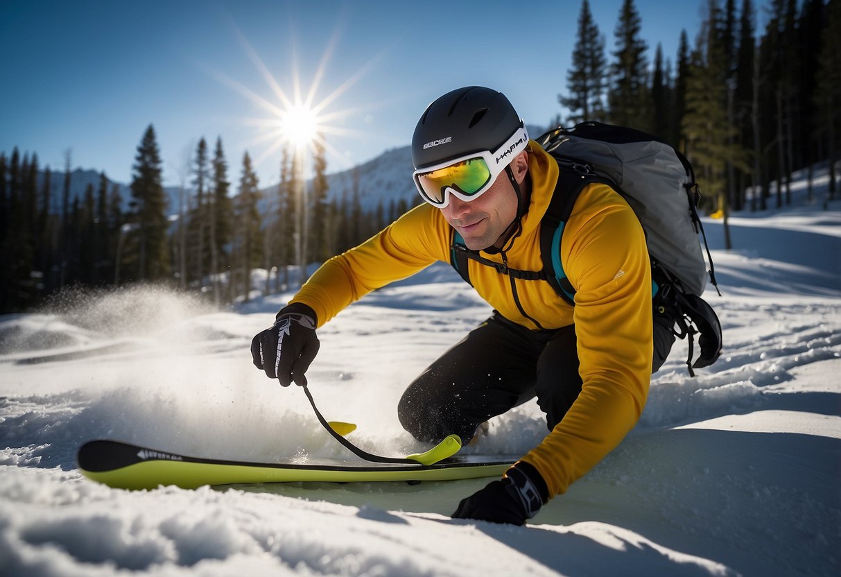 A skier reaches for the HydraPak Velocity IT 1.5L hydration system on a snowy cross country trail