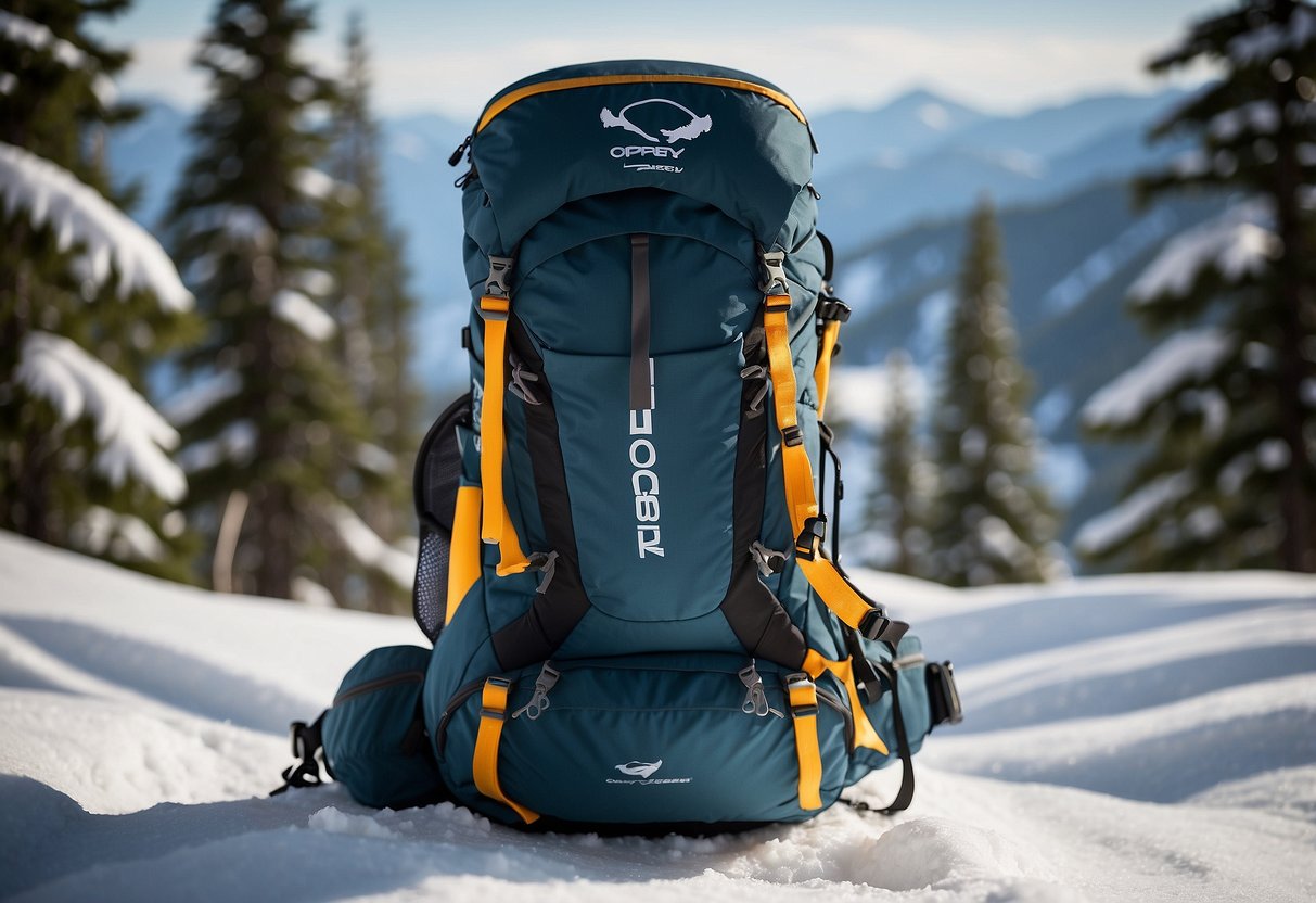 An Osprey Hydraulics LT 2.5L Reservoir is attached to a cross country skiing backpack, with tubing leading to the mouthpiece. Snow-covered trees and mountains are visible in the background