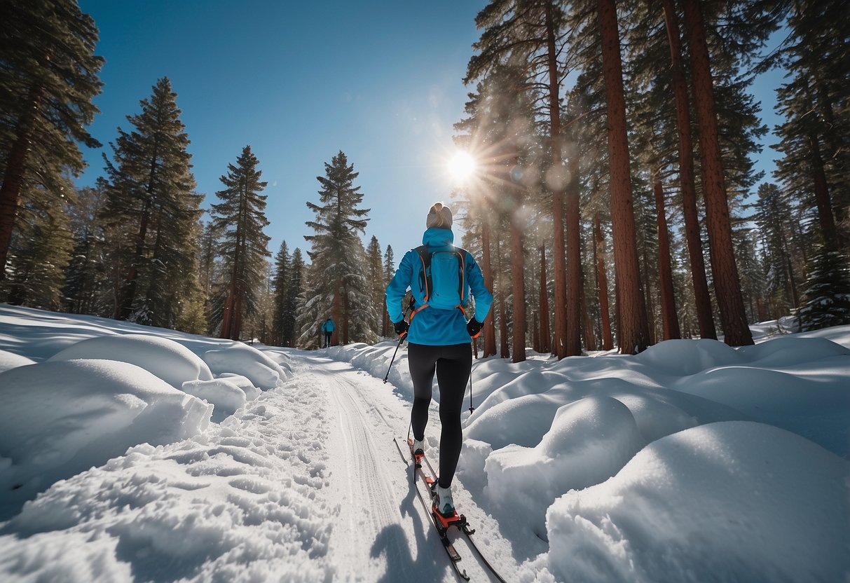 A snowy cross country trail, with a skier wearing the Nathan VaporAir 2.0 Hydration Vest, surrounded by pine trees and a clear blue sky