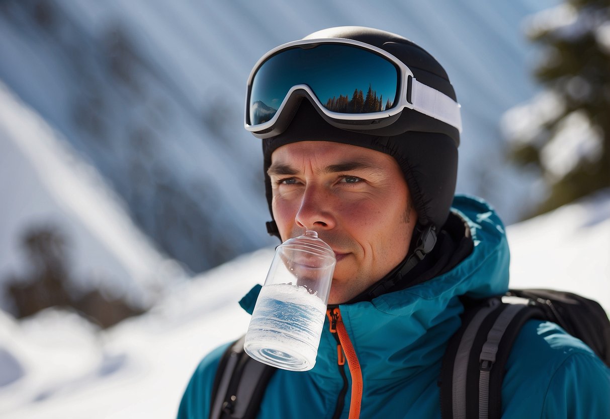 A skier effortlessly sips from a hydration system while gliding through snowy landscapes. The compact, hands-free design allows for continuous hydration during long cross country skiing trips