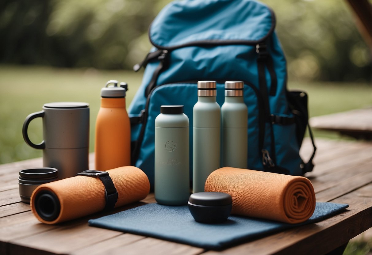 A serene outdoor setting with a yoga mat, water bottle, comfortable clothing, sunscreen, yoga blocks, a strap, a towel, a meditation cushion, a journal, and a backpack