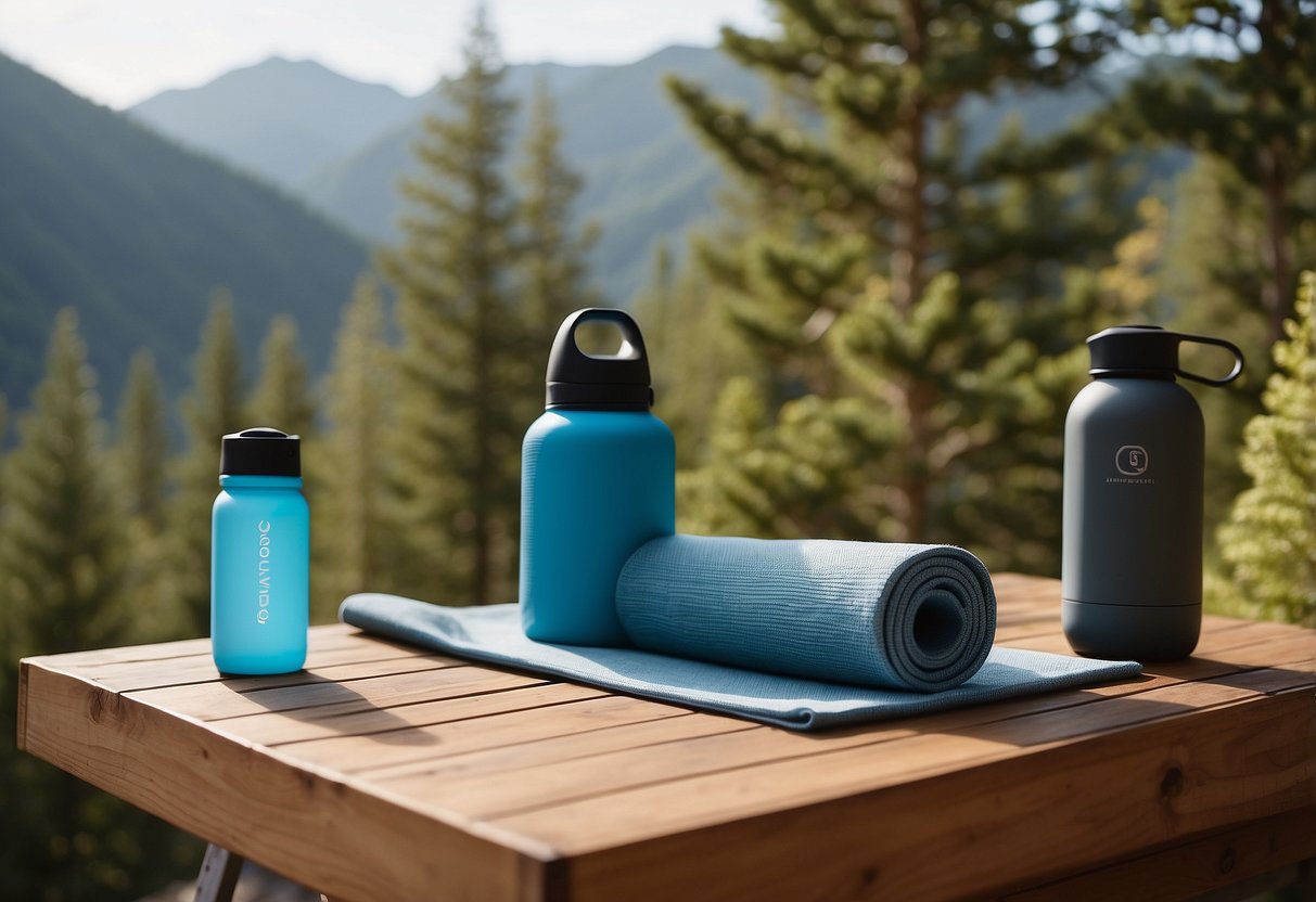 A serene outdoor setting with a Liforme Yoga Mat surrounded by essential gear items such as a water bottle, towel, and yoga blocks, set against a natural backdrop of trees and mountains