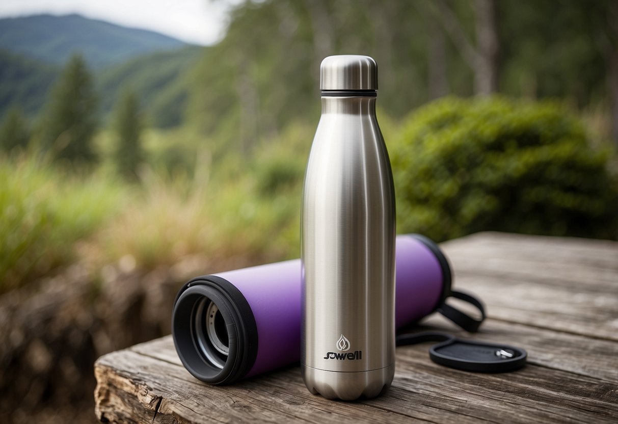 A stainless steel water bottle sits among yoga gear in an outdoor setting. The bottle is sleek and modern, with the S'well logo visible