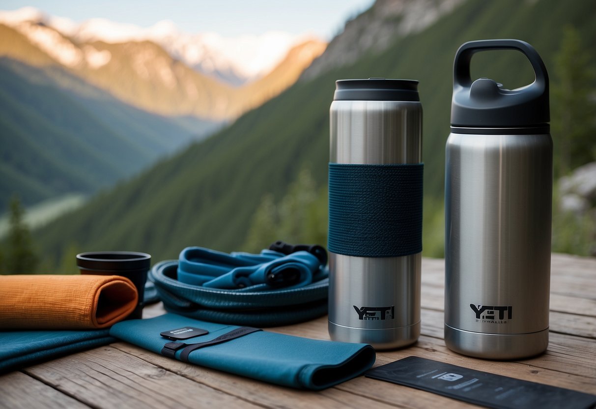 A Yeti Rambler Tumbler sits among 10 essential outdoor yoga gear items, including a yoga mat, water bottle, and sunscreen. The scene is set in a natural outdoor setting with mountains or trees in the background