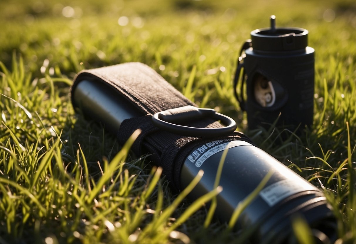 A yoga strap lies on a grassy field next to a water bottle, mat, and other outdoor gear. The sun shines down, casting long shadows on the ground