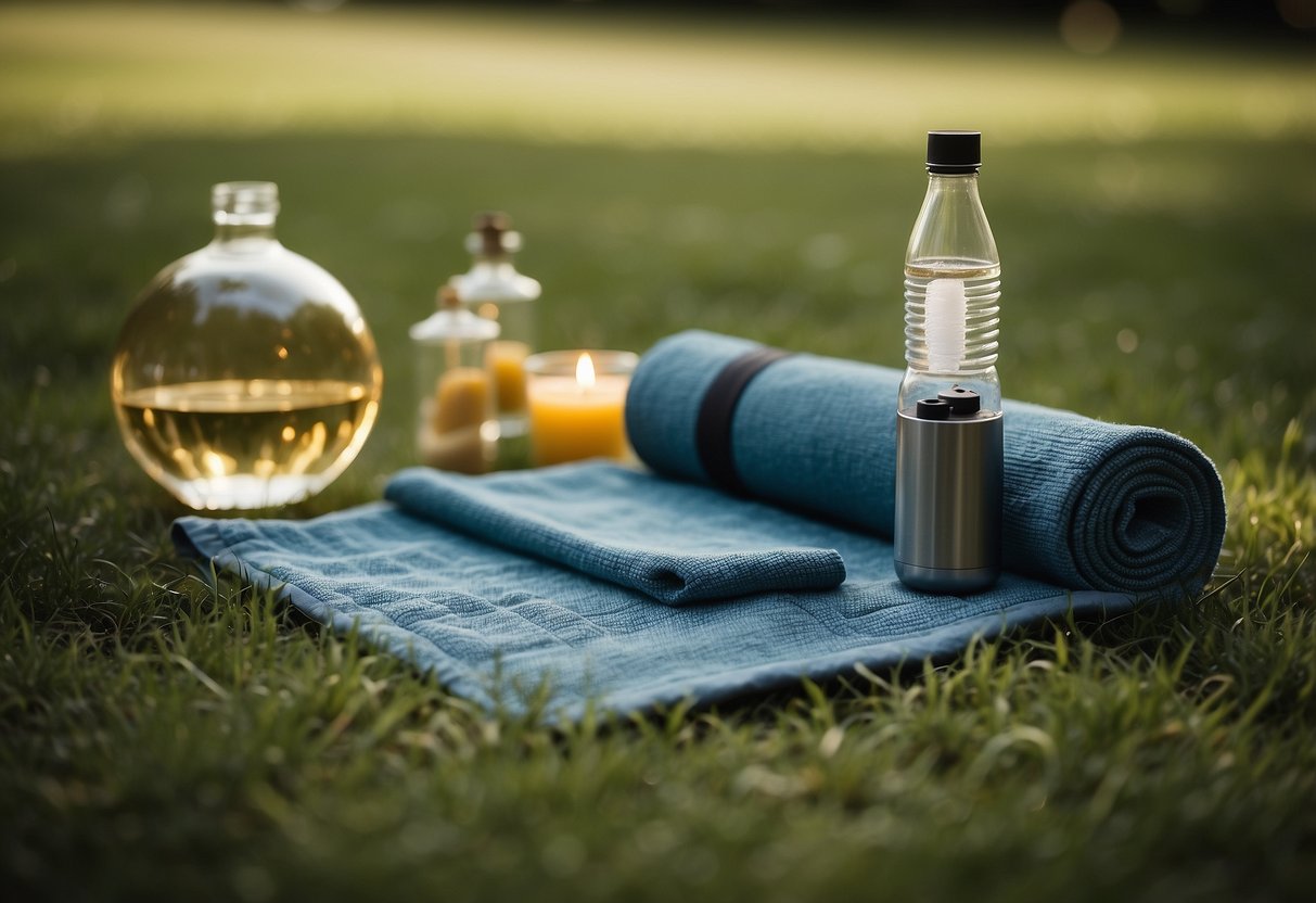 A yoga towel with a yin yang design laid out on a grassy outdoor setting, surrounded by essential gear items such as a water bottle, yoga mat, and meditation cushion