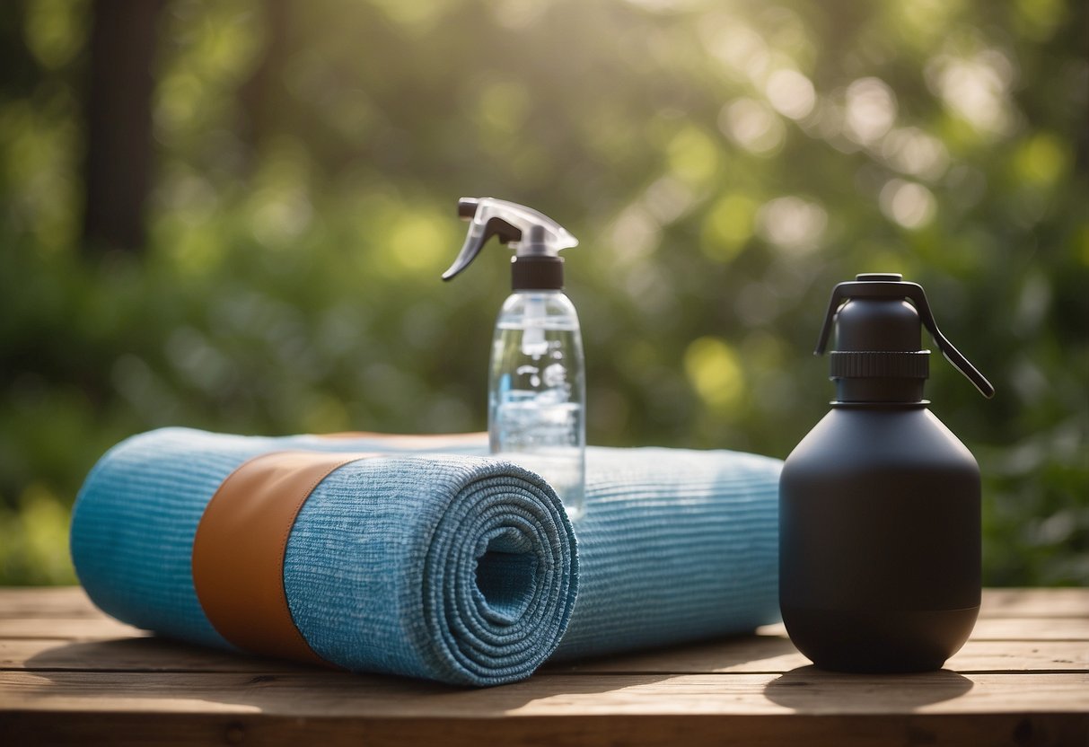 A serene outdoor setting with a yoga mat, water bottle, sunscreen, comfortable clothing, yoga block, strap, towel, meditation cushion, and bug spray