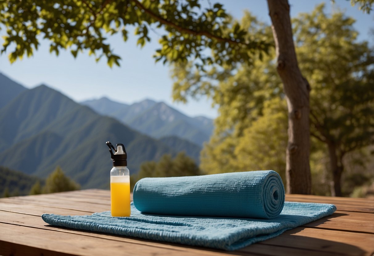 A serene outdoor setting with a yoga mat, water bottle, towel, sunscreen, and comfortable clothing scattered around. Trees and mountains in the background, with a clear blue sky above