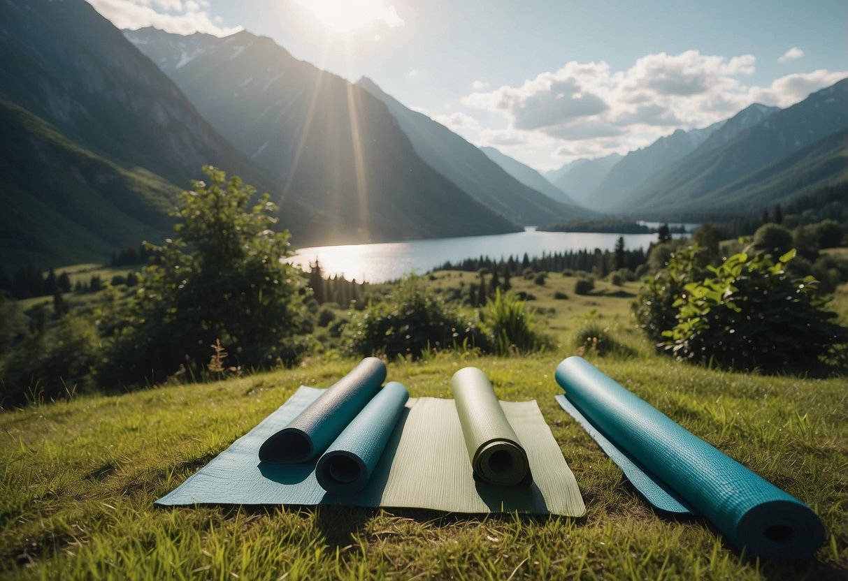 Yoga mats laid out on lush green grass with a backdrop of towering mountains and serene lakes in the distance. Sunshine illuminates the natural beauty of the national park