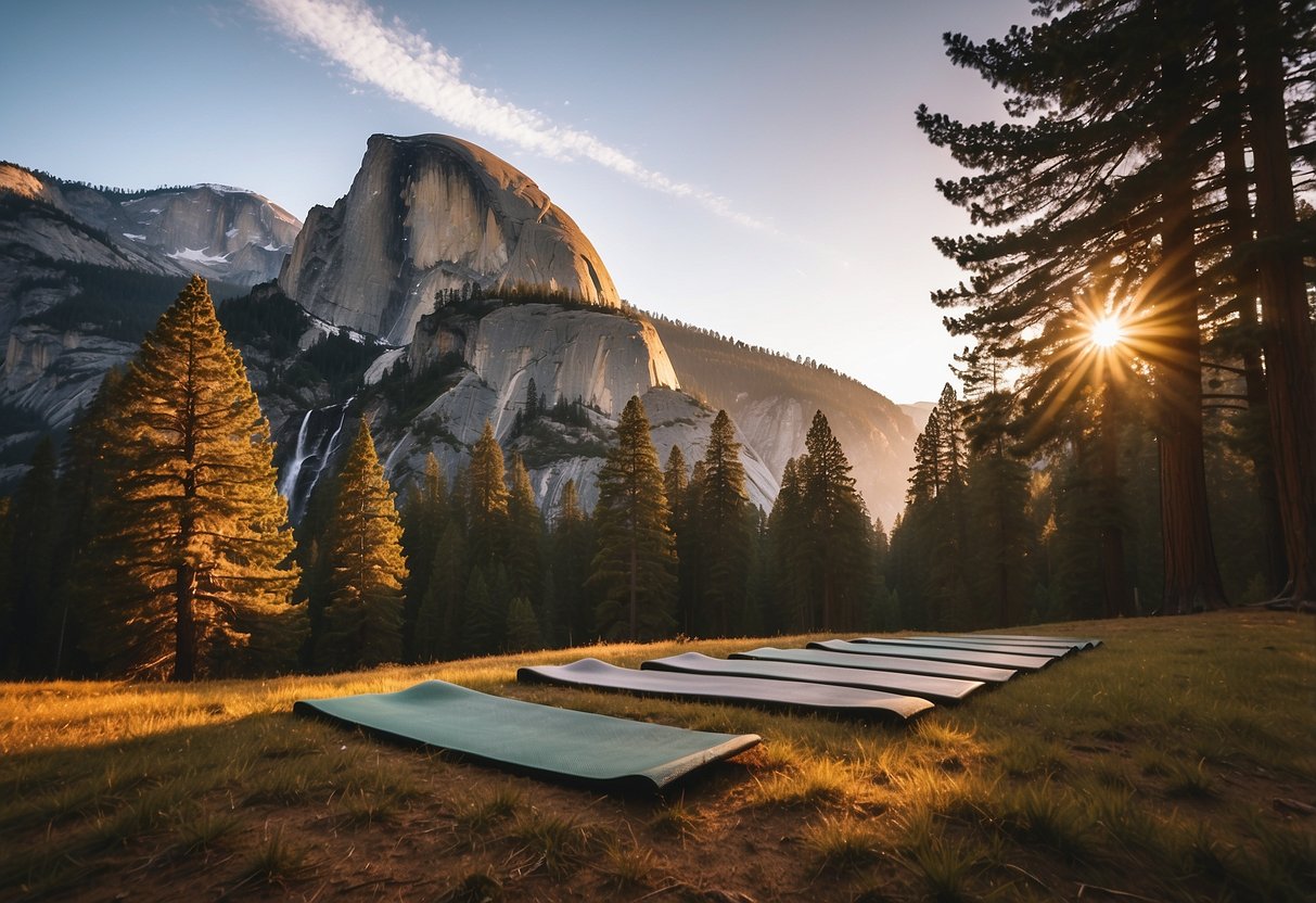 Sunrise over Half Dome, yoga mats laid out on lush meadow, surrounded by towering pine trees and distant waterfalls