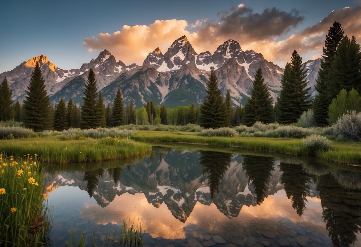 Sunrise over Grand Teton peaks, casting golden light on serene lakes and lush meadows, perfect for outdoor yoga in the heart of nature