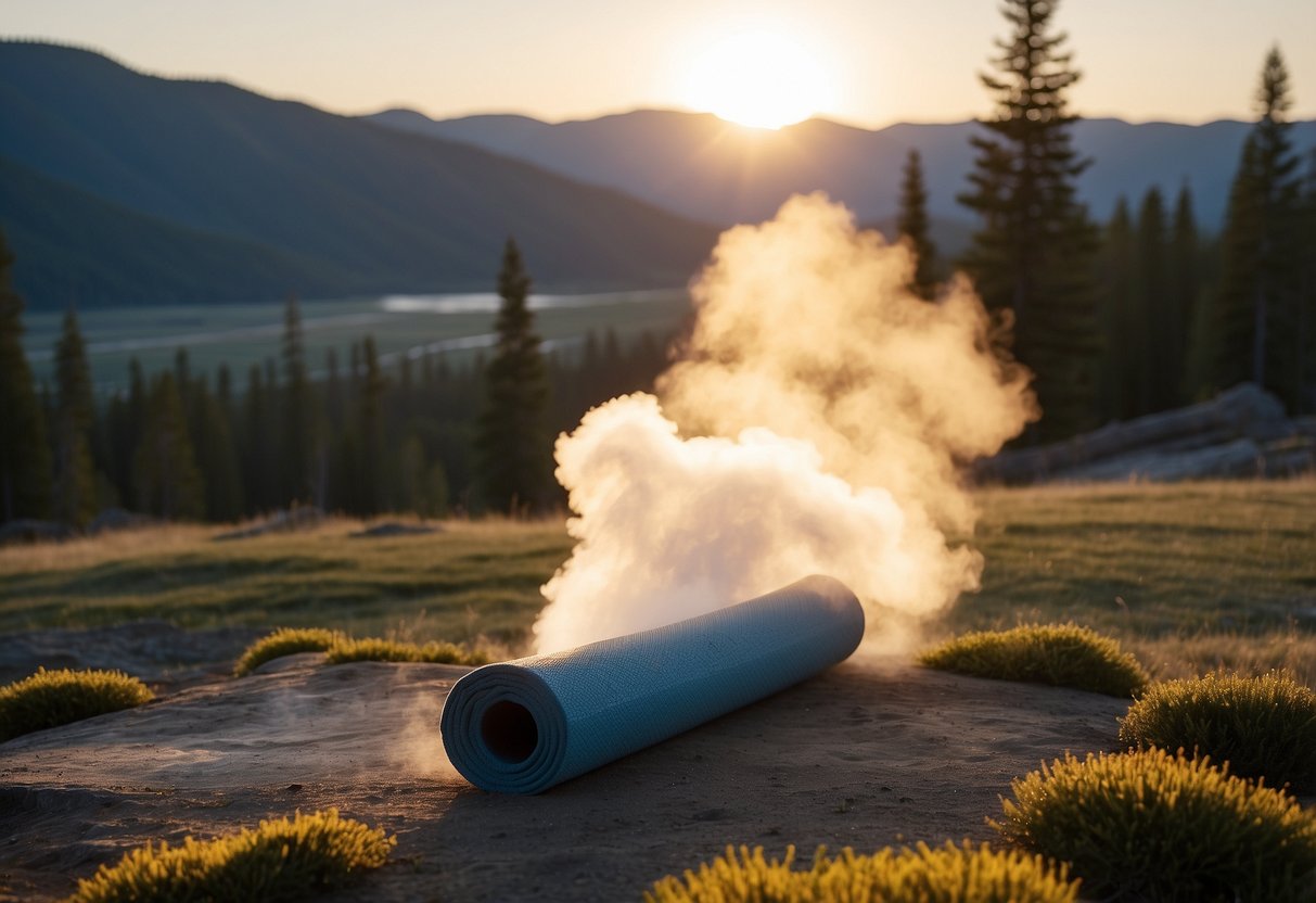 Sunrise over Yellowstone's geysers, as steam rises from the earth. A lone yoga mat sits on the grass, surrounded by towering trees and distant mountains