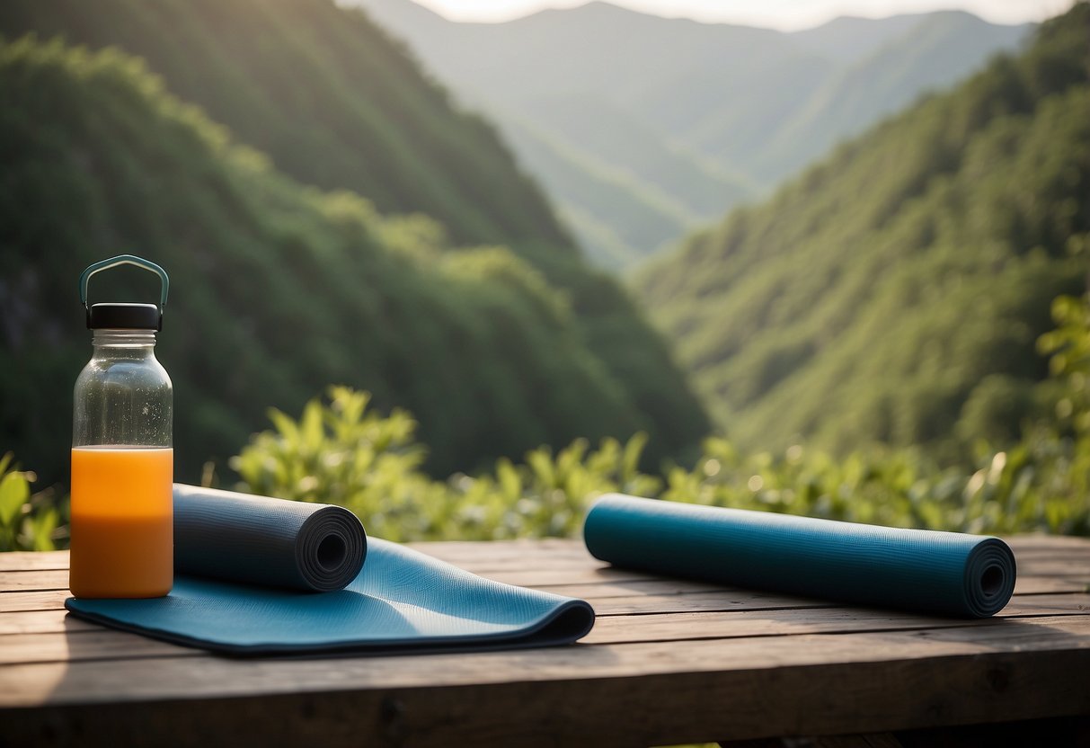 A serene outdoor yoga scene with a yoga mat, water bottle, and yoga blocks set against a backdrop of lush greenery and a scenic view in a national park