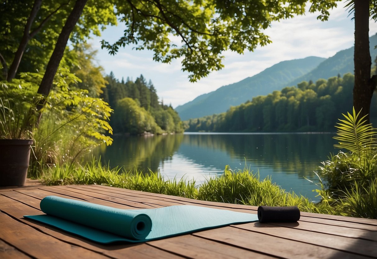 A serene lake surrounded by lush greenery, with a clear blue sky above. A yoga mat is placed on the grass, facing the water. A gentle breeze rustles the leaves, creating a peaceful atmosphere for outdoor yoga practice