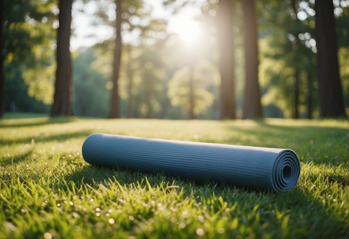 A yoga mat laid out on grass with trees in the background, surrounded by nature. The mat is non-slip and positioned for an outdoor yoga practice