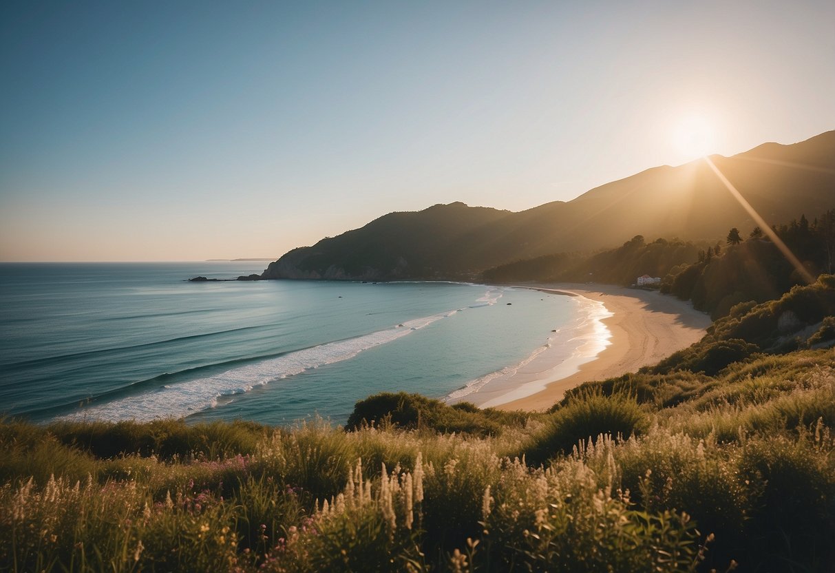 A serene beach at sunrise with calm waves, a peaceful forest clearing with dappled sunlight, a quiet mountaintop with sweeping views, a tranquil garden with lush greenery, and a secluded meadow with wildflowers